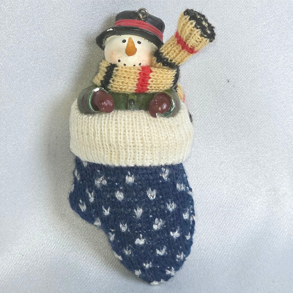 Snowman in Knit Stocking Christmas Ornament Resin Figure Blue Holiday Decor